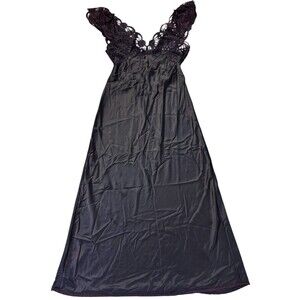 Vintage Fernando Sanchez Black Long Nightgown Maxi Slip butterfly lace sleeves